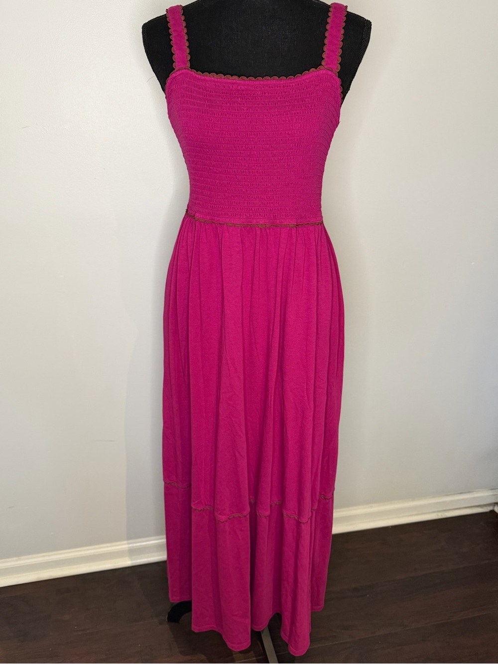 Boden Smocked Dark Pink Detailed Trim Maxi Dress - Size 8 - Picture 8 of 10
